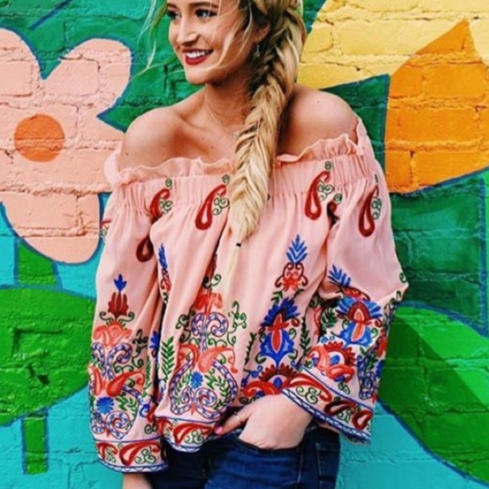 EMBROIDERED OFF THE SHOULDER PEACH TOP